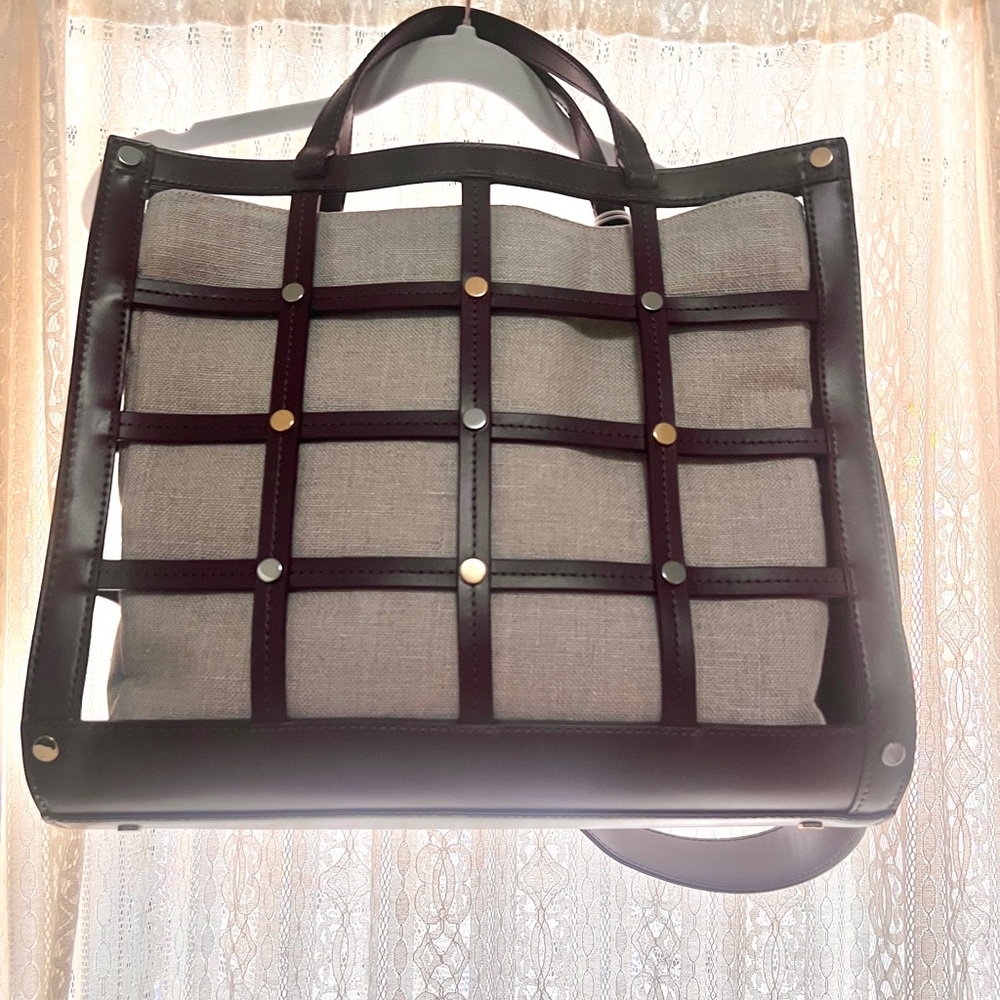 STAUD NWT Emma Caged Leather & Linen Tote Bag